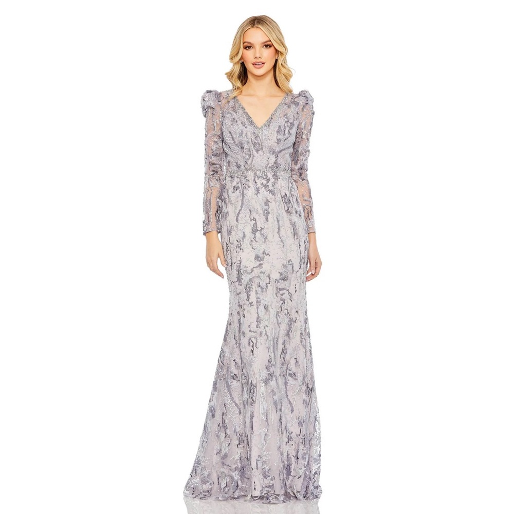 NWT $798 MAC DUGGAL 20425 V-Neck Embellished Puff Sleeve Gown Lilac Dress Purple